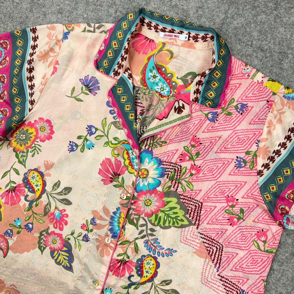 Johnny Was Shirt Womens M Lakshmi Darci Silk Blouse Patchwork Floral Boho Button